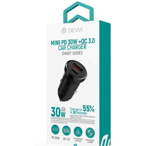 Cargador Rápido de Carro 30W USB y USB-C DEVIA